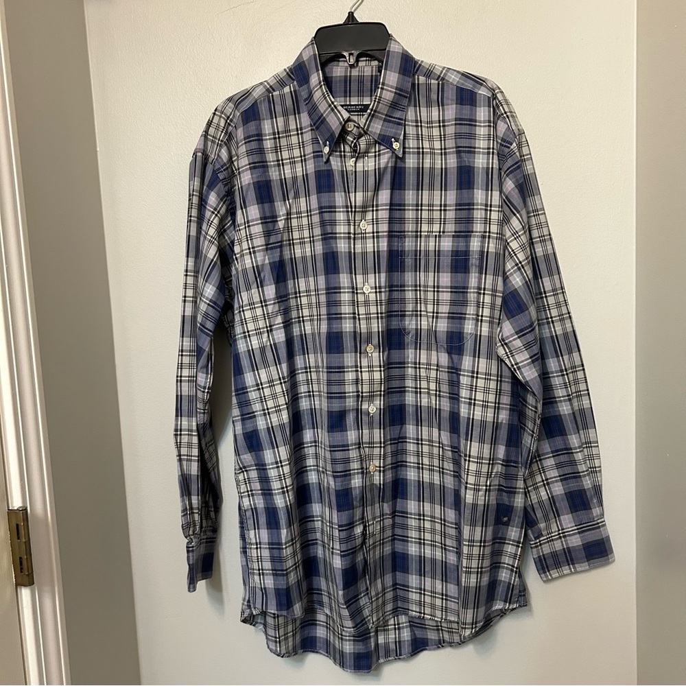 Burberry London Mens Button Up Long Sleeve Shirt Large Blue Plaid Cotton EUC‎